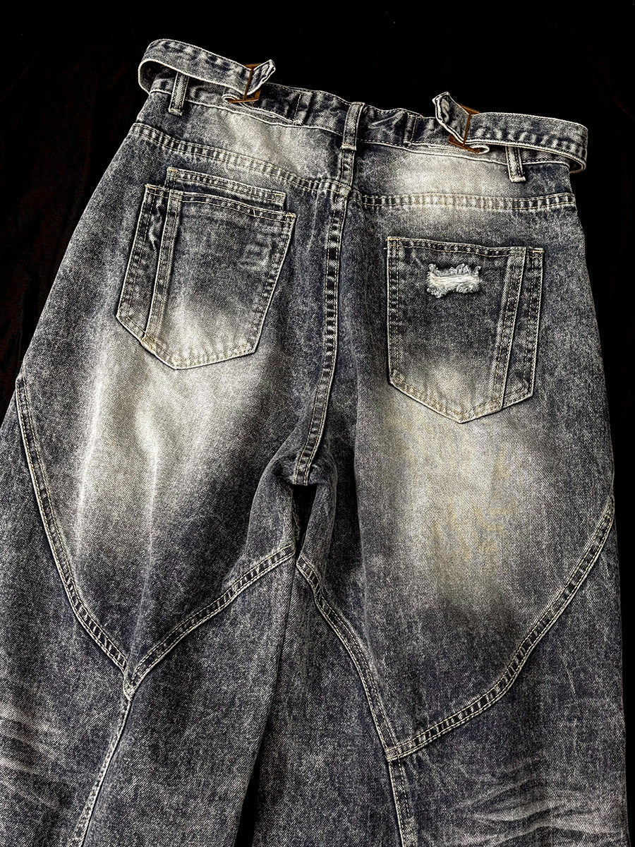 Washed Damage Splice Wide Leg Denim Jeans