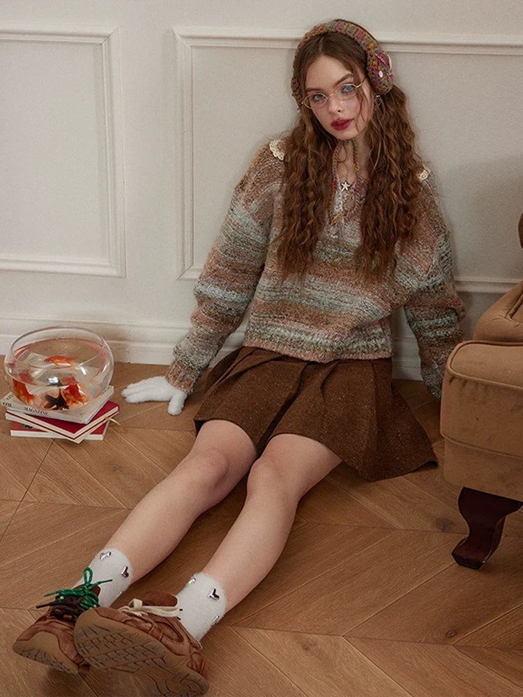 Lace Patchwork Stripe Knit Sweater