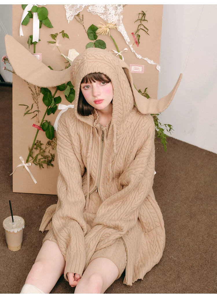 Bunny Hare Ear Hooded Zipper Knit Cardigan & Knit Skirt Setup