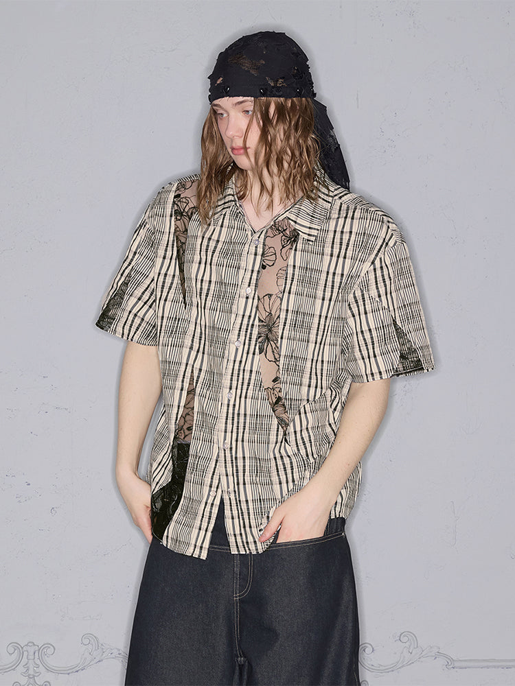 Butterfly Lace Plaid Deconstructed Short Sleeve Shirt