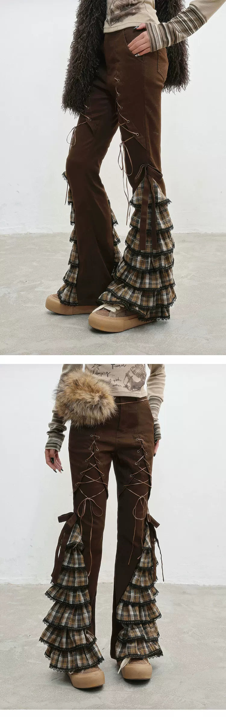 Plaid Lace-Up Ruffle Slimming Pants