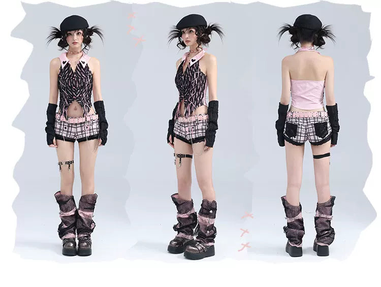 Black & Pink Star Plaid Ultra-Short Low-Rise Short Pants