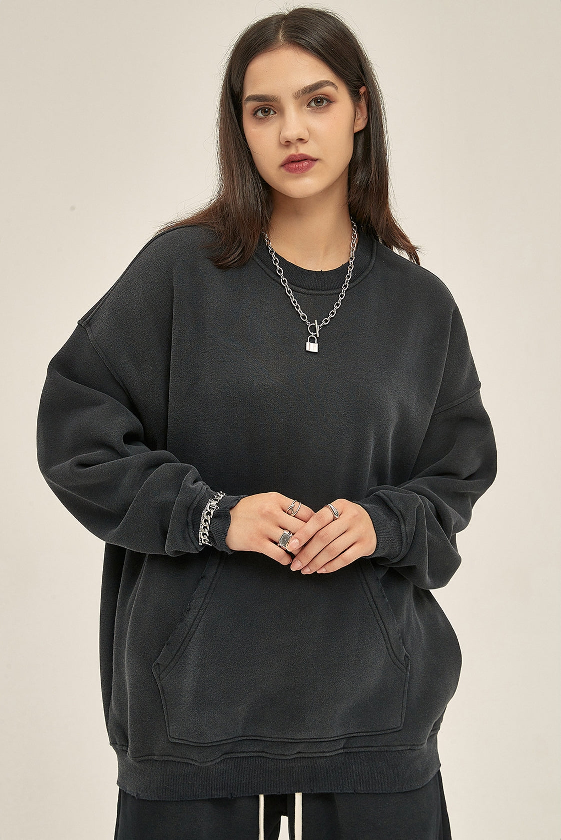 Fleece Lining Spray-dye Damage Oversize Sweatshirt