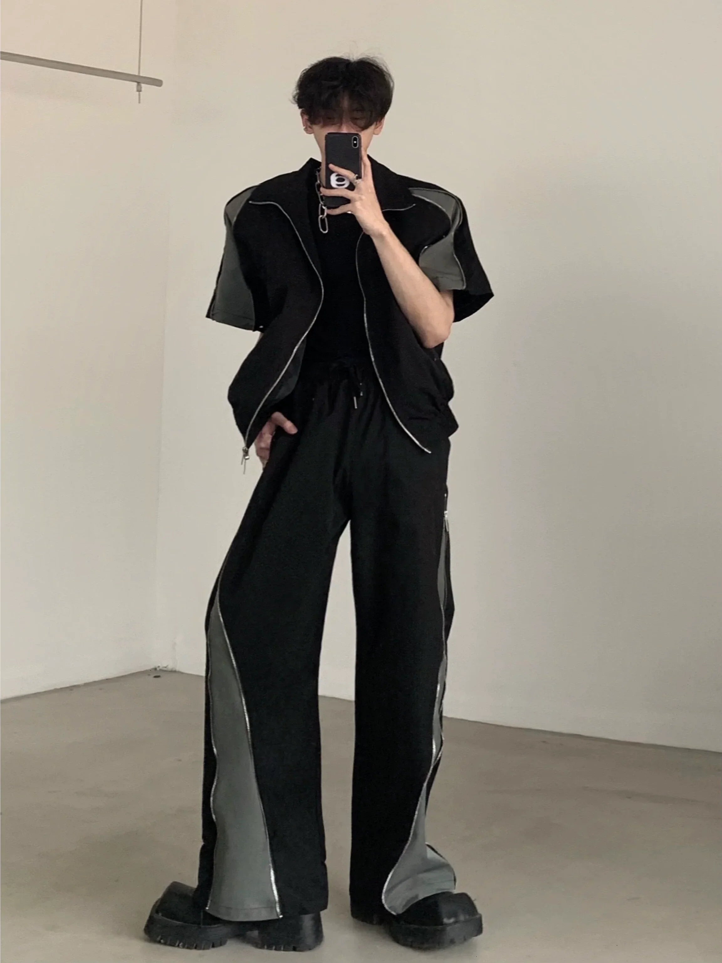 Shoulder Pad Short Sleeve ZIpper Shirt  & Zipper Design Trousers Setup