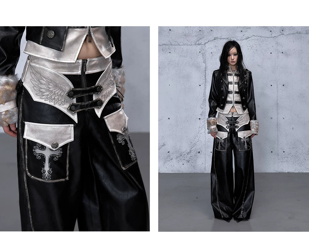 Lace Panel Buckle Detail Wide Leg PU Leather Pants
