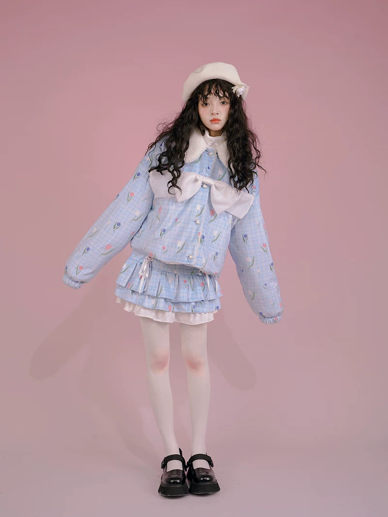 Flower Print Bow Fleece Lining Puffer Jacket