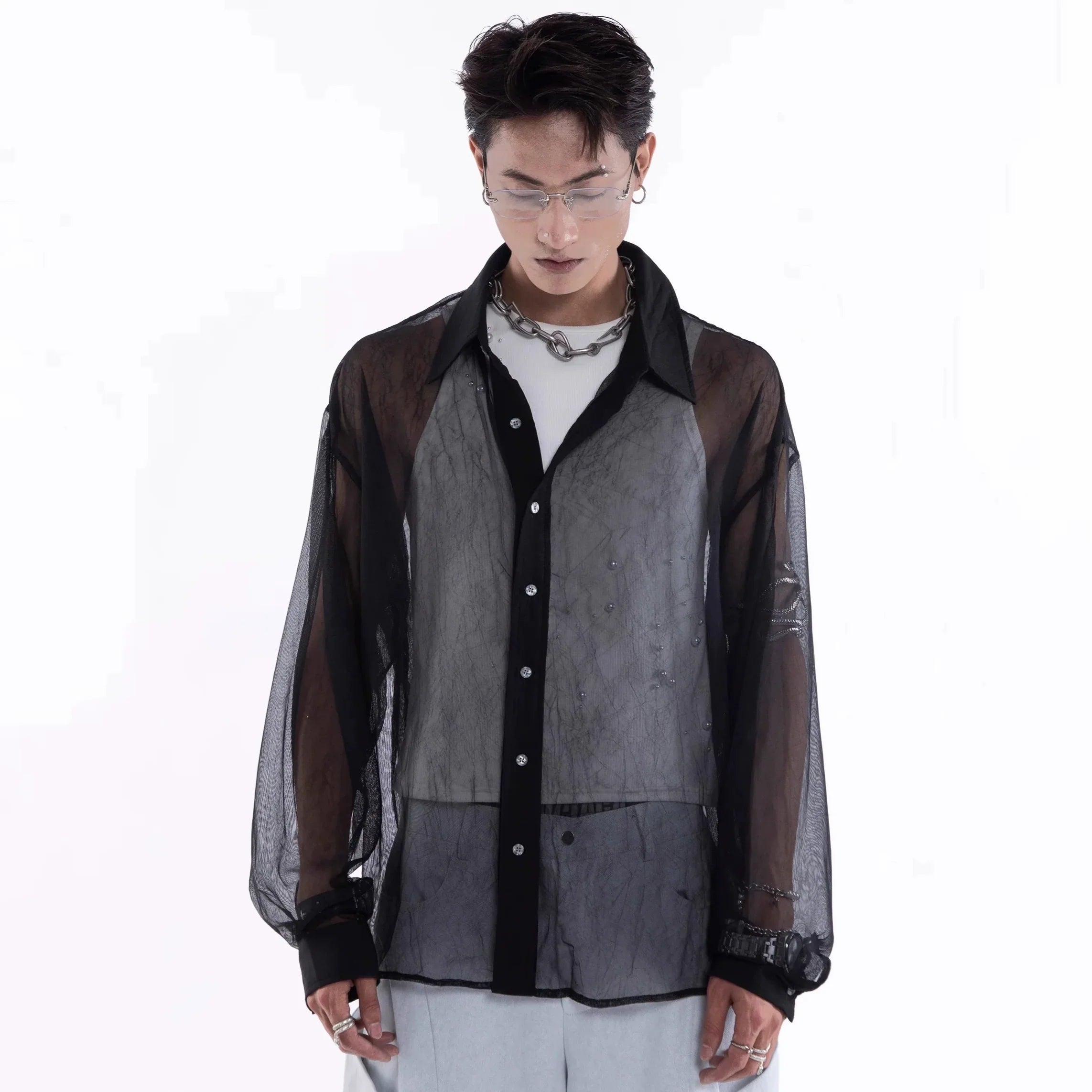 Sheer Draped Oversize Long Sleeve Shirt