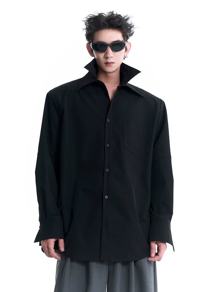 Double Pleated Collar Shoulder Pad Long Sleeve Shirt