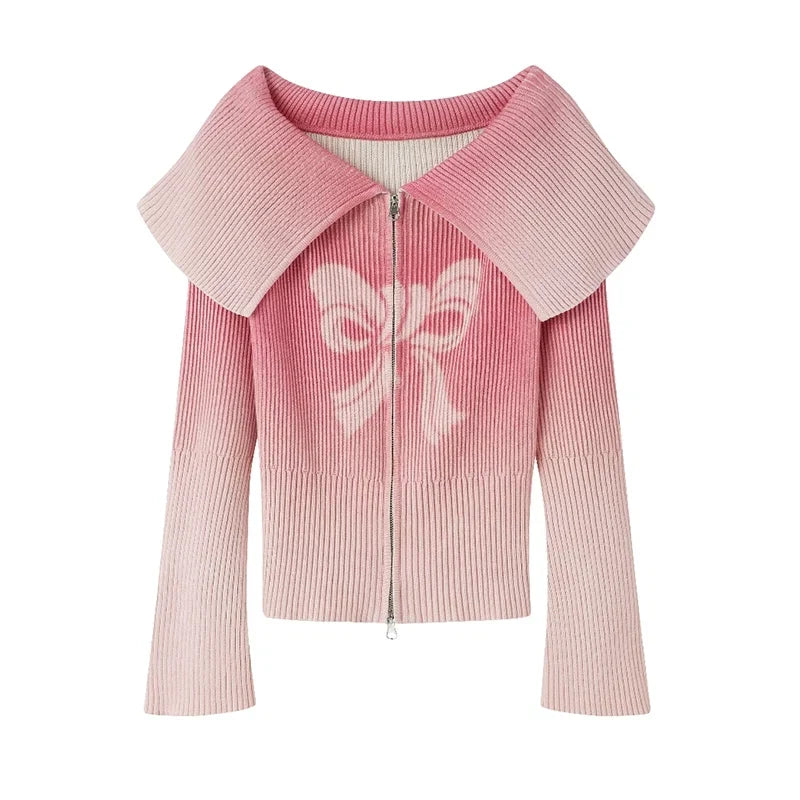 Bow Gradient Print Zipper Knit Sweater