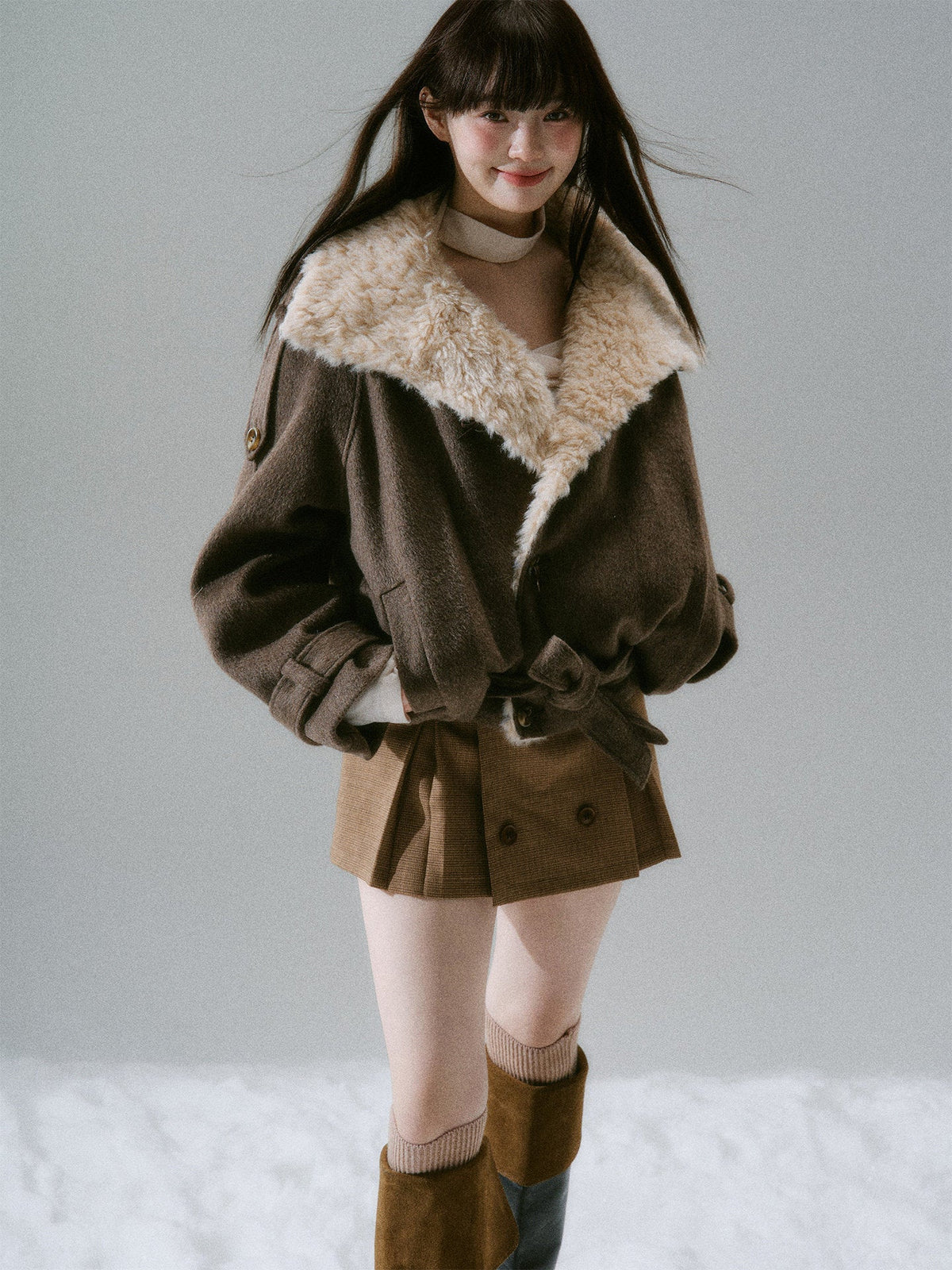 Fake Fur Collar Belted Jacket