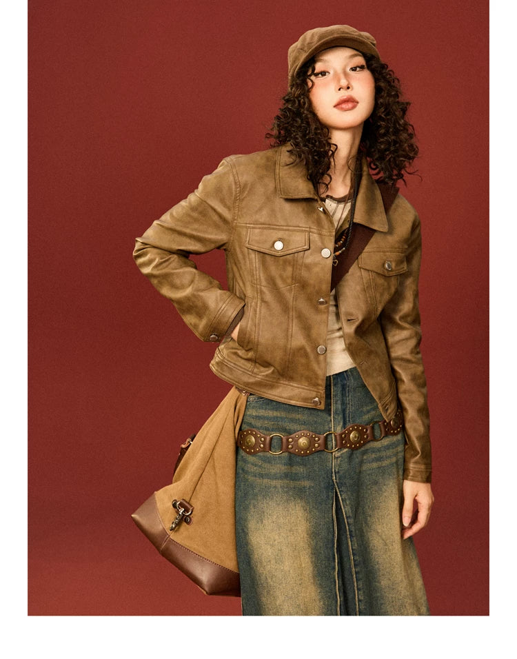 PU Leather Standing-Collar Short Jacket