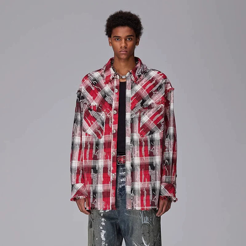 Patchwork Embroidery Plaid Oversize Long Sleeve Shirt
