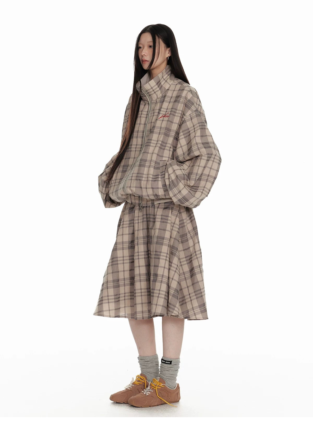 Hollow Star Stand Neck Recersible Jacket & Recersible Plaid Skirt Setup