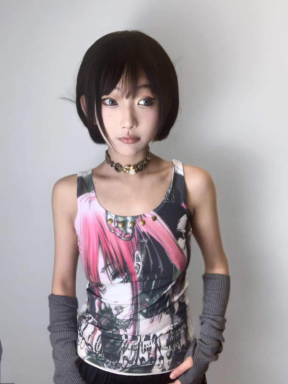 Punk Style 2d Girl Print Rivet Remake Tank Top