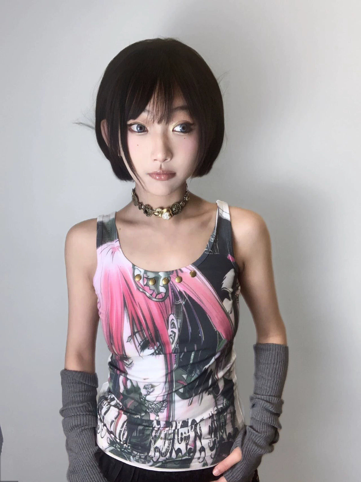 Punk Style 2d Girl Print Rivet Remake Tank Top