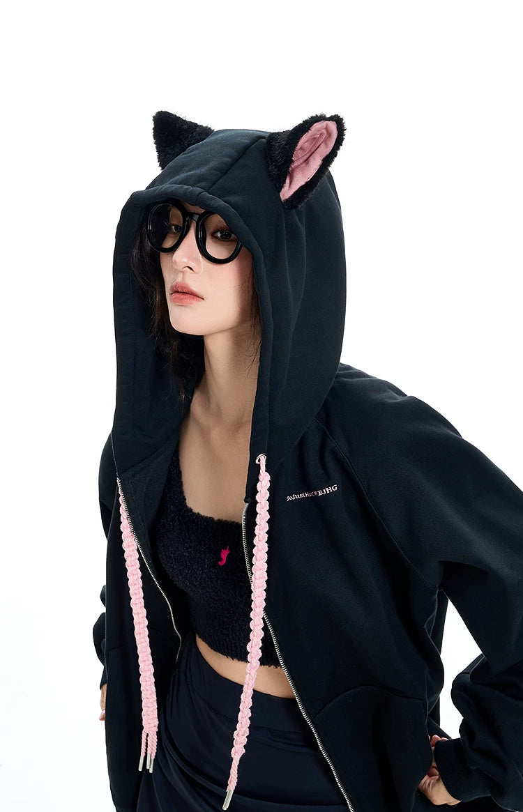 Ear Fleece Oversize Zipper Hoodie