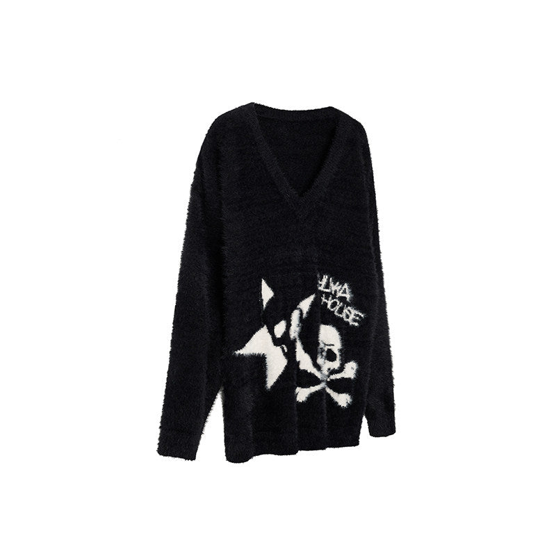 Mohair Skull Pattern Oversize V-Neck Knit Cardigan & Striped Scarf