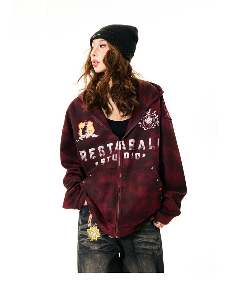 Tie-Dye Letter Print Oversize Zipper Hoodie