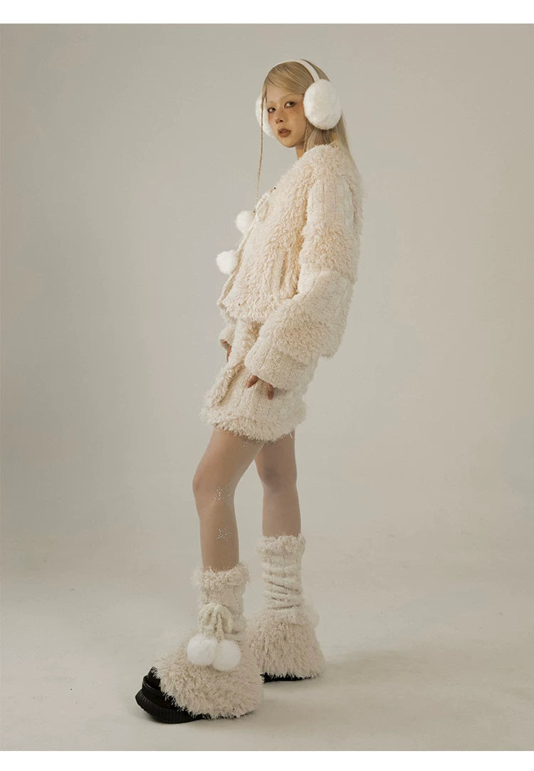 Fleece Lining Soft Fuzzy Knit Cardigan & Half Skirt Setup