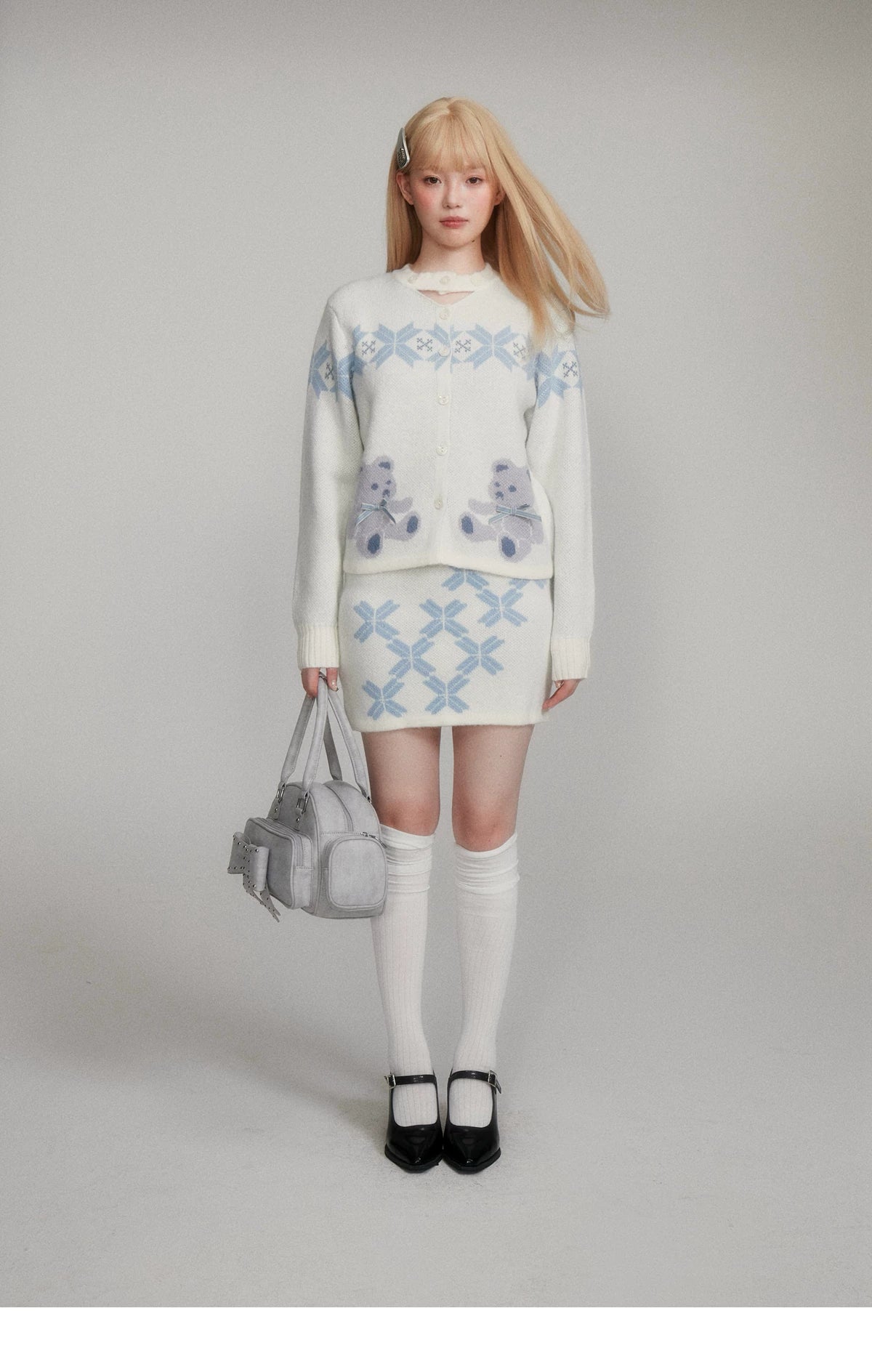 Teddy Bear Snowflake Knit Cardigan & Short Skirt Setup