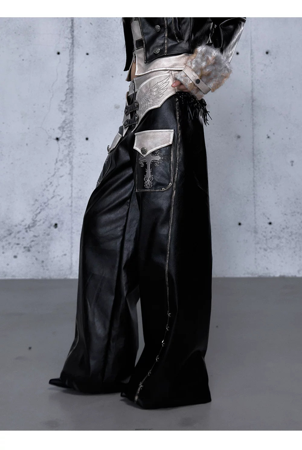 Lace Panel Buckle Detail Wide Leg PU Leather Pants