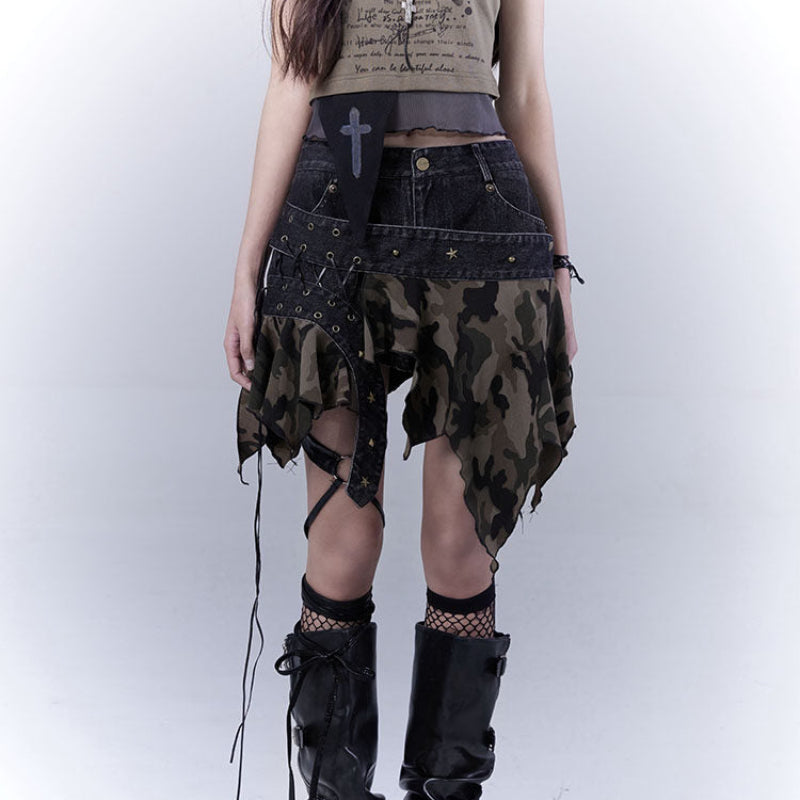 Original Design Damage Camouflage Lace-Up Short Denim Skirt