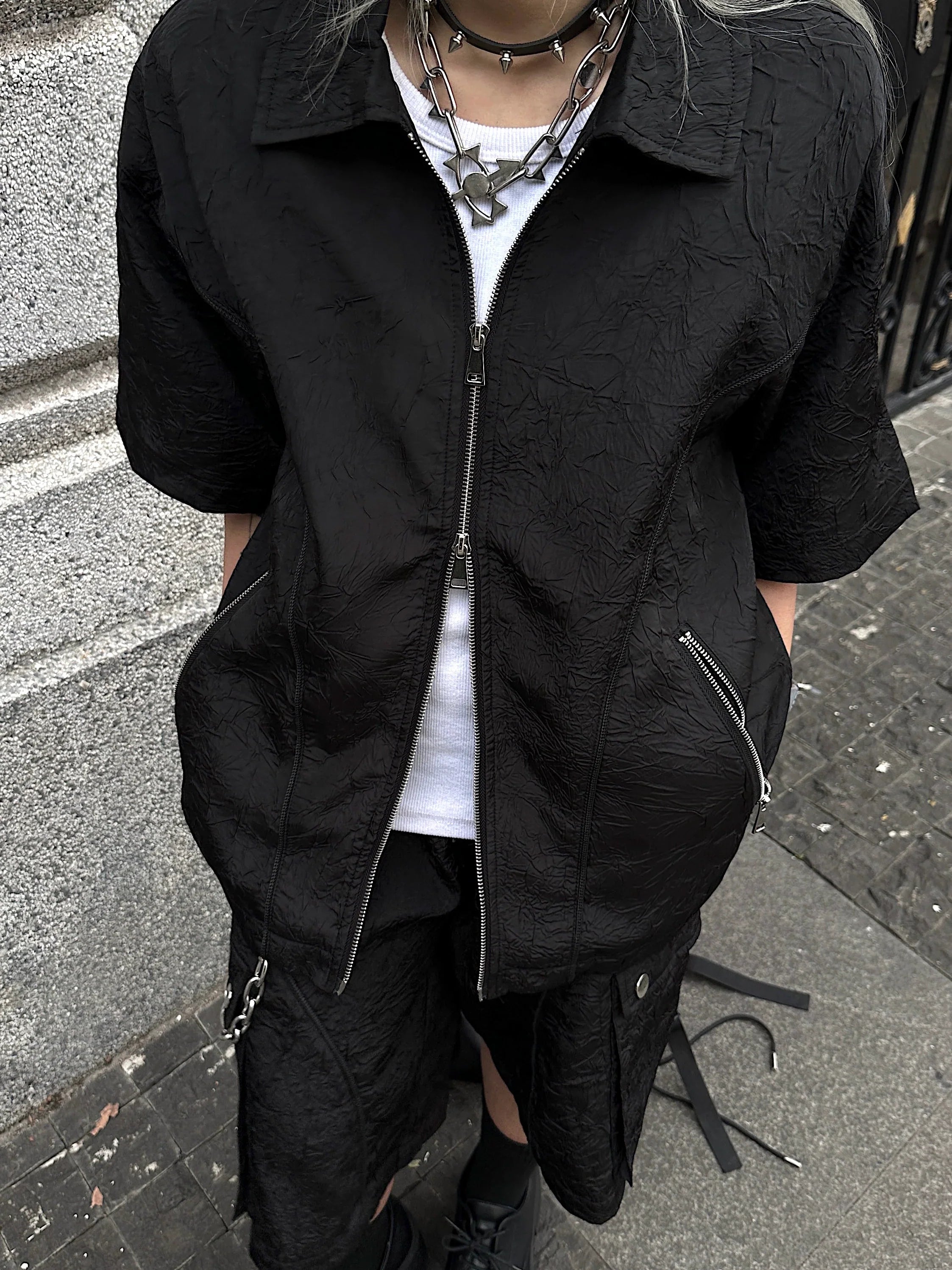 Deconstructed Texture Double Zipper Short Sleeve Shirt