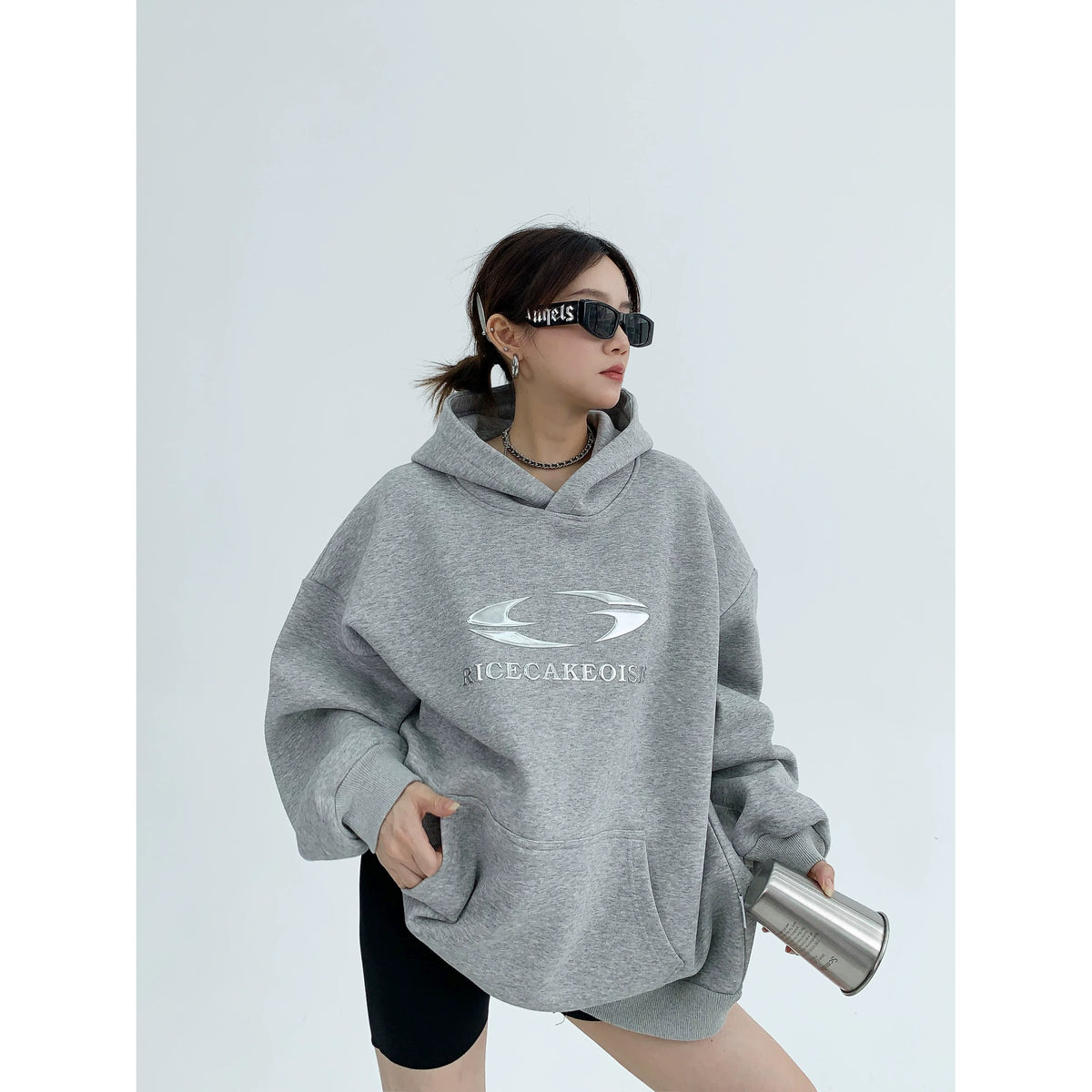 Silver Logo Print Oversized Hoodie