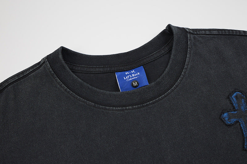 Washed Cross Applique Short Sleeve T-Shirt