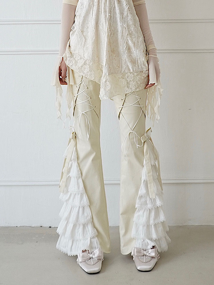 Lace-Trim Ruffle Long Pants