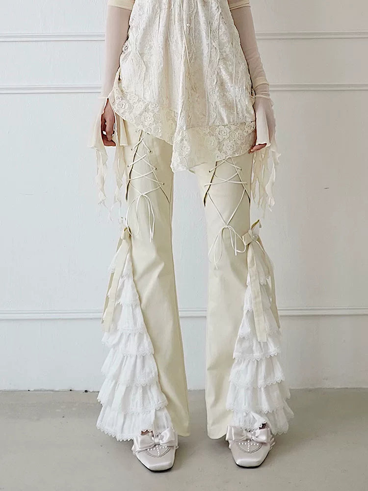 Lace-Trim Ruffle Long Pants