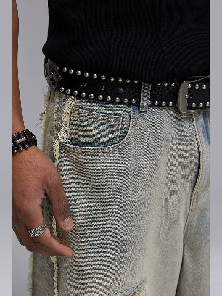 Washed Patchwork Raw Hem Denim Half Jeans