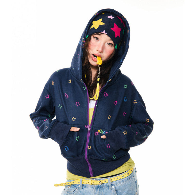 Star Print Fleece Zipper Hoodie