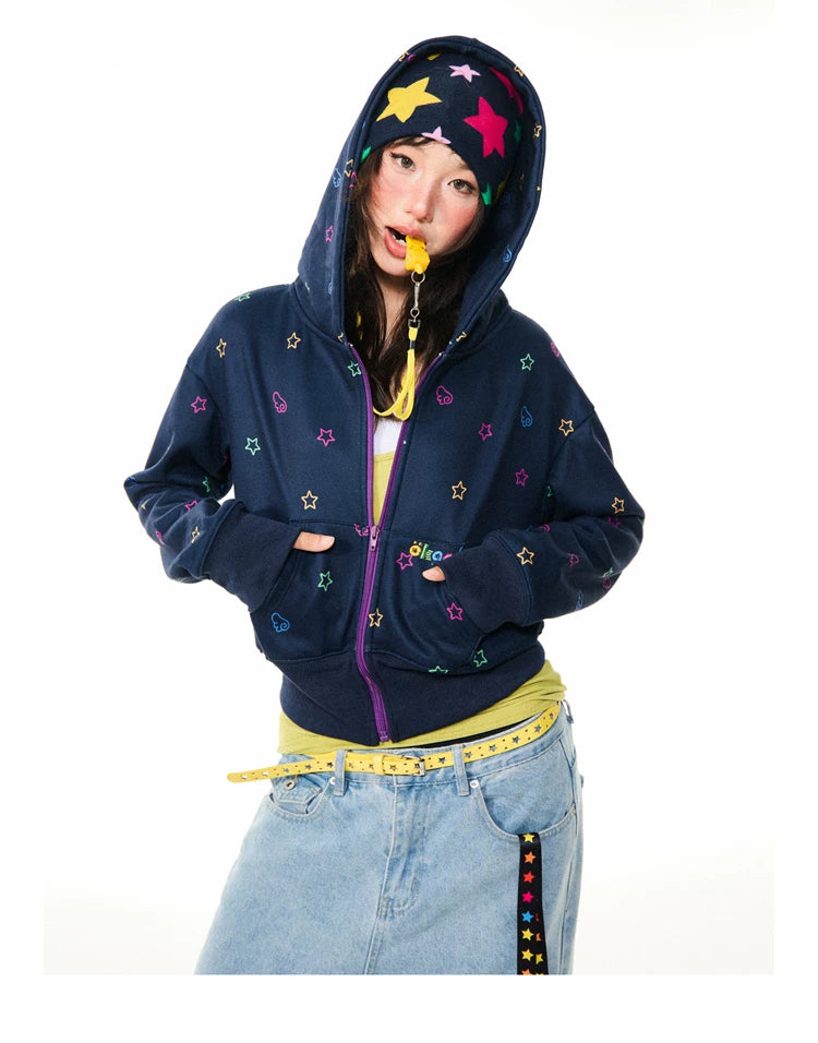 Star Print Fleece Zipper Hoodie