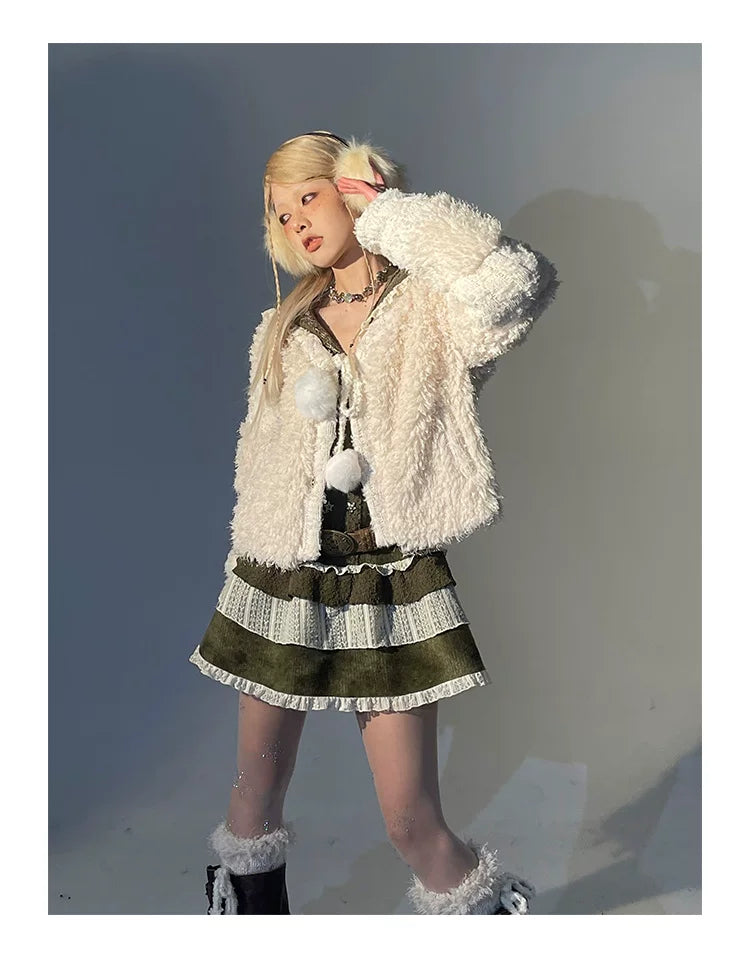 Fleece Lining Soft Fuzzy Knit Cardigan & Half Skirt Setup