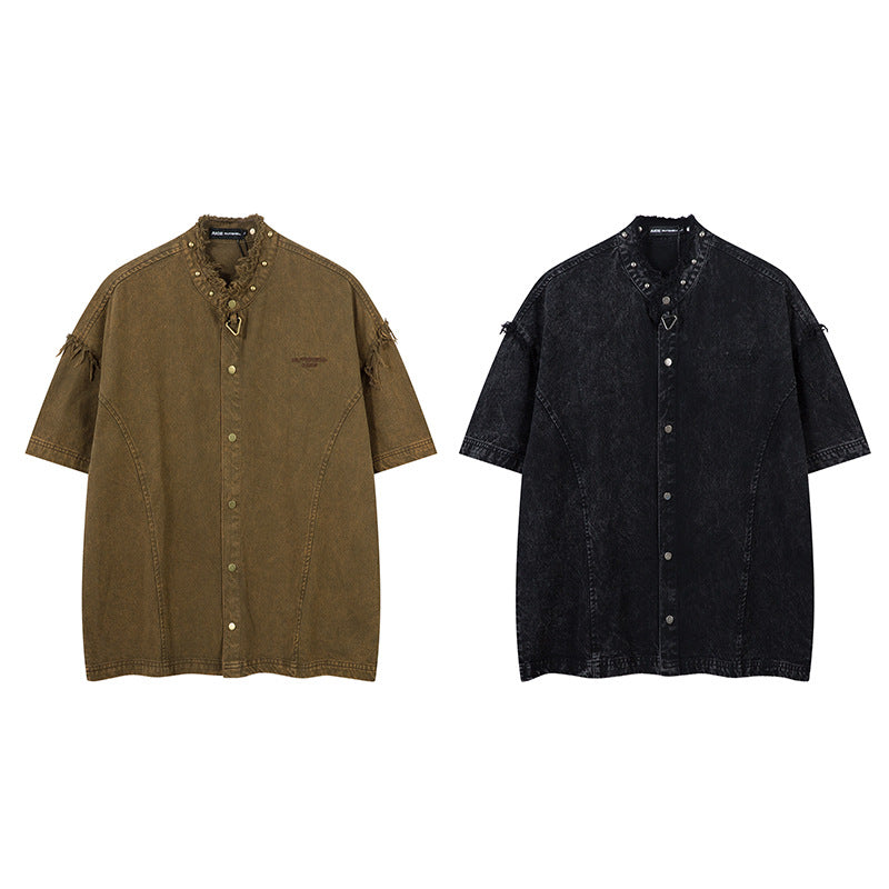 Distressed Short-Sleeved Denim Shirt