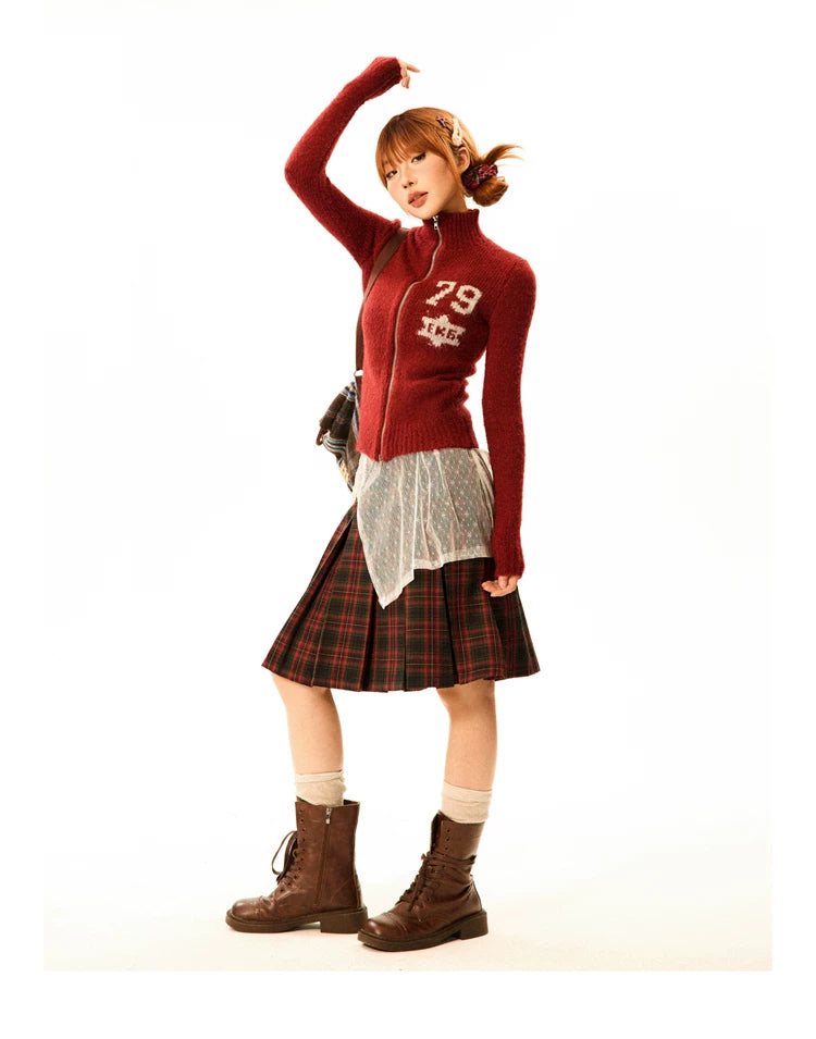Number Patch Knit Zipper Stand Neck Cardigan