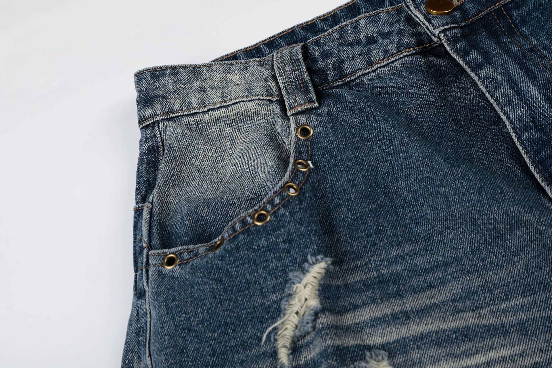 Wash Rivet Damage Wide Leg Denim Jeans