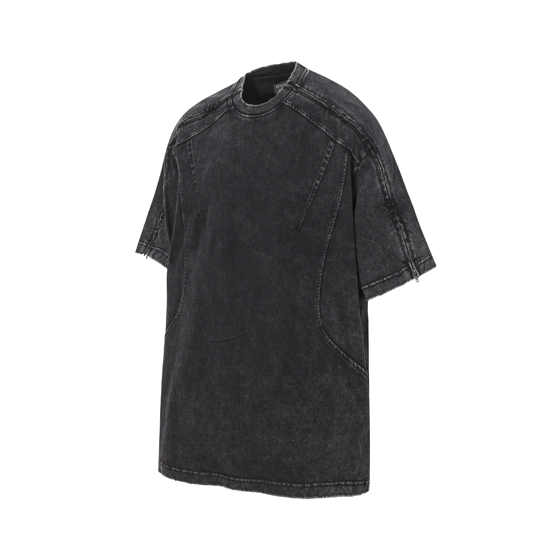 Washed Panel Design Zipper Detail Short Sleeve T-Shirt