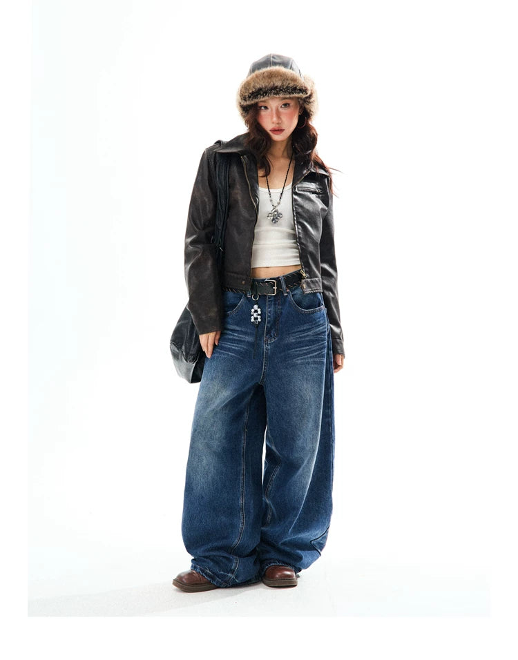 PU Leather Washed Zipper Short Length Jacket
