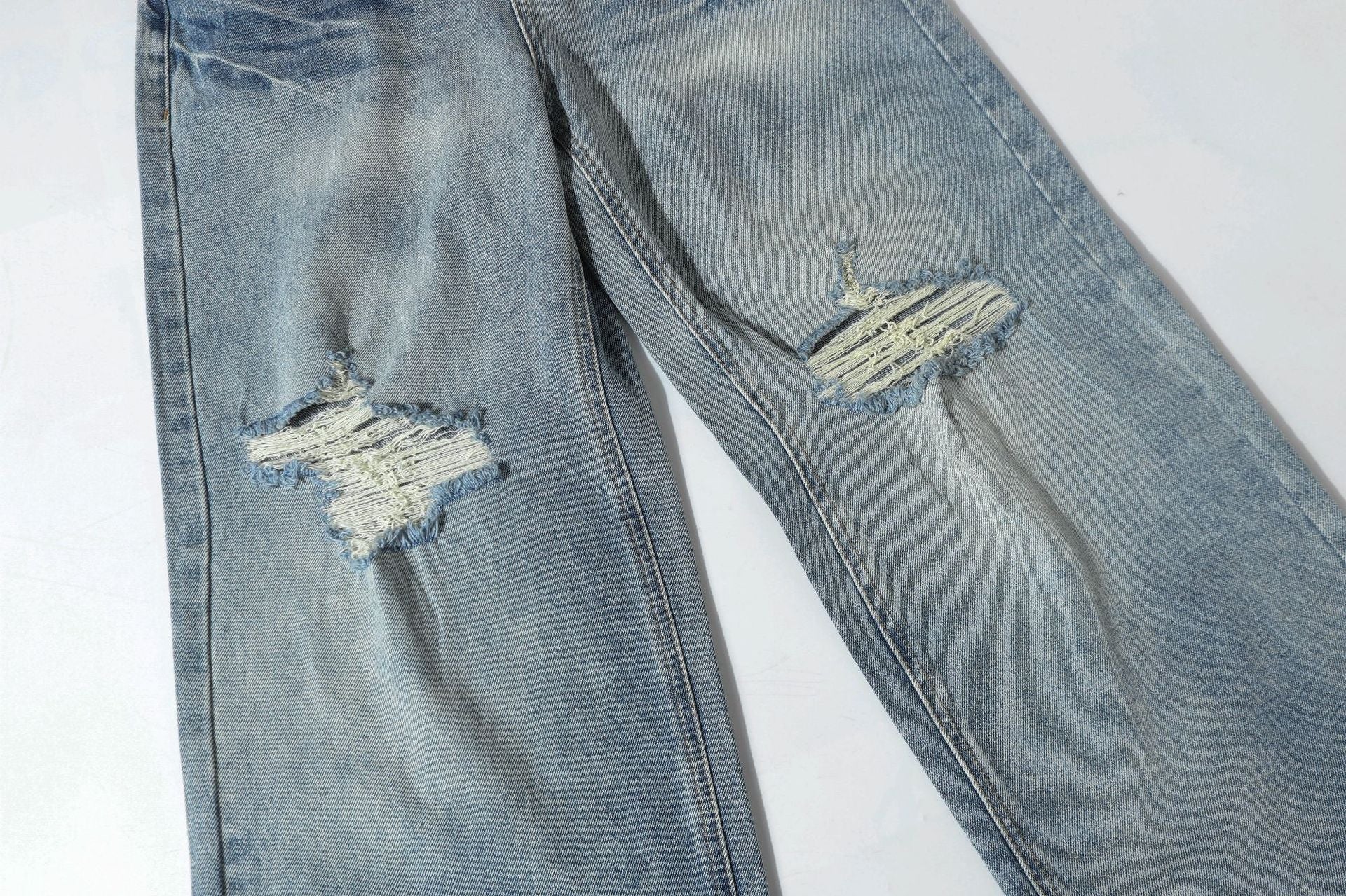 Washed Whisker Damage Wide Leg Denim Jeans
