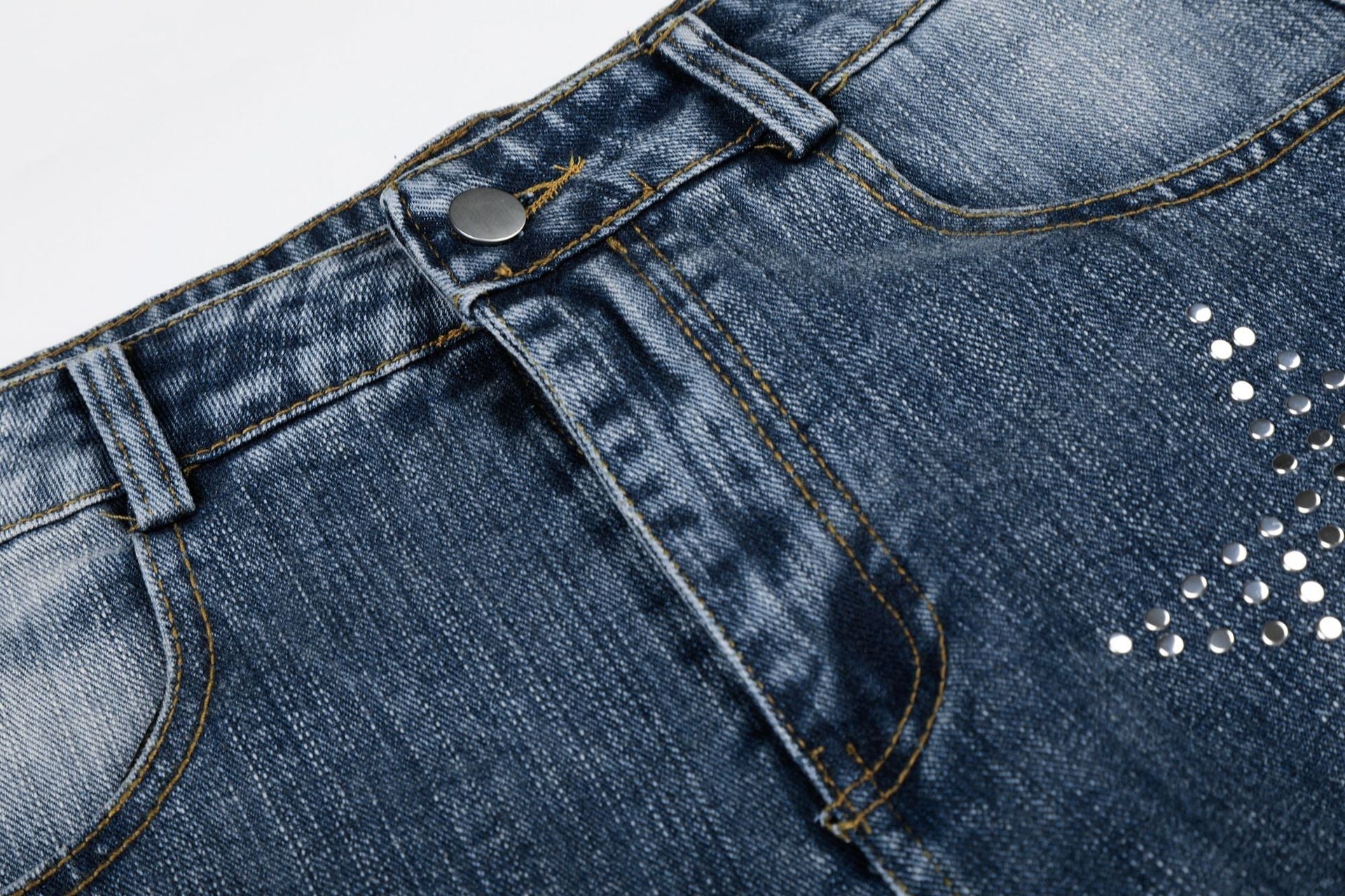 Washed Star Rhinestone Wide Leg Denim Jeans