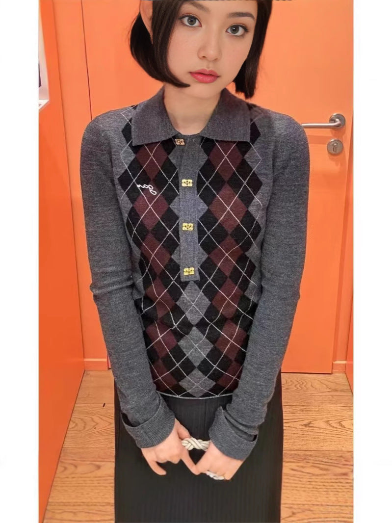 V-neck Knitted Rhombus Pattern Sweater