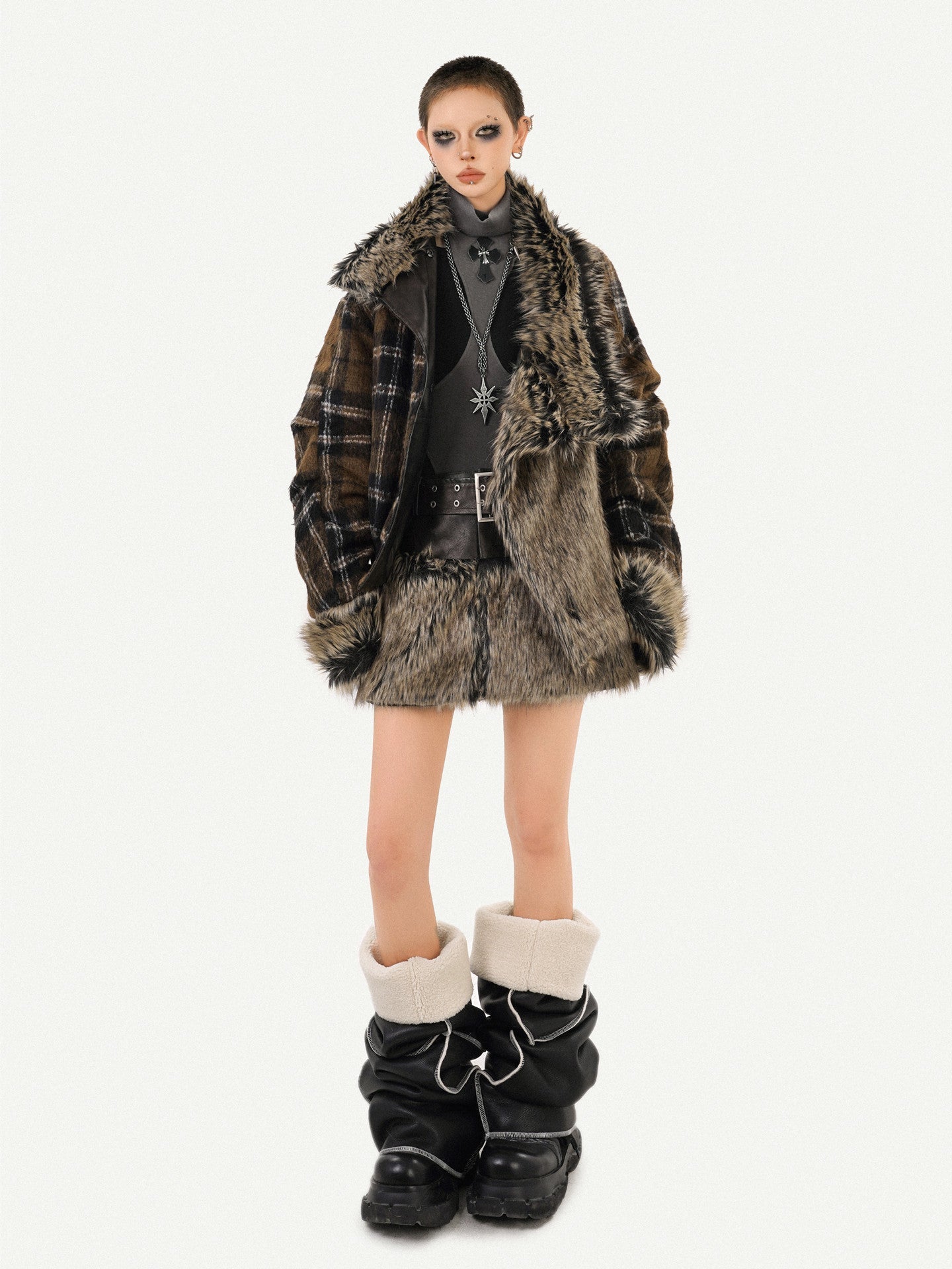 Reversible Fake Fur PU Leather Jacket & Skirt Setup