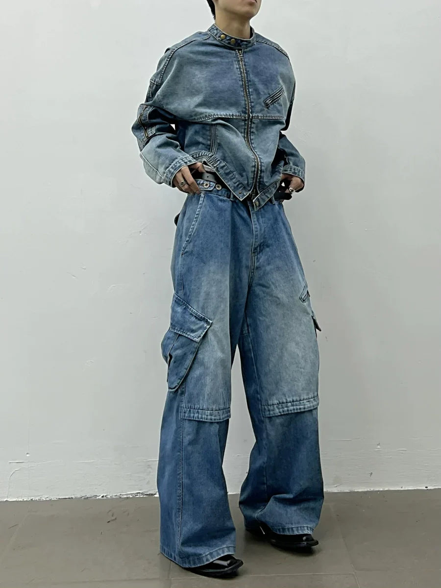 Standing-collar Short Denim Jacket & Wide-leg Cargo Denim Jeans Setup
