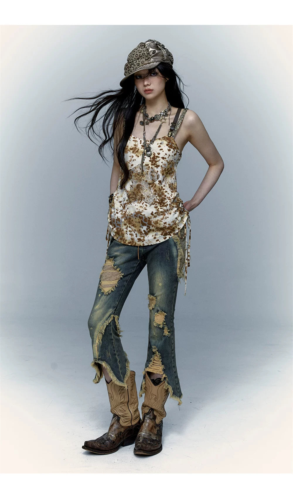 Damage Asymmetric Flare Denim Jeans