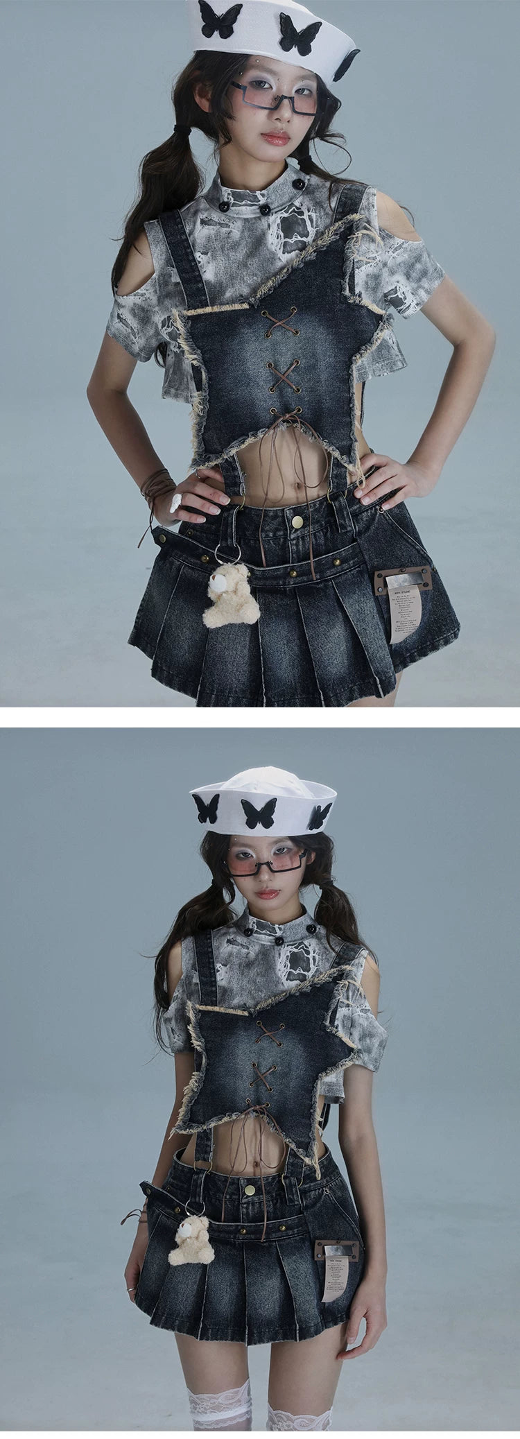 Detachable Washed Suspender Denim Short Skirt & Inner Shirts Set
