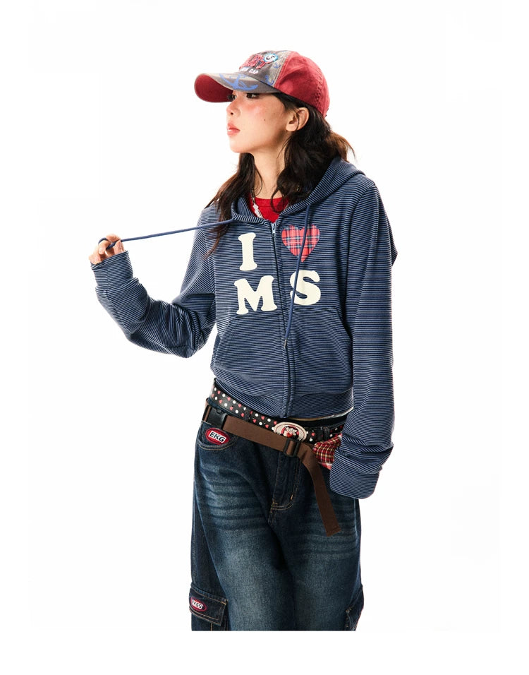 Heart Letter Print Stripe Cropped Zipper Hoodie