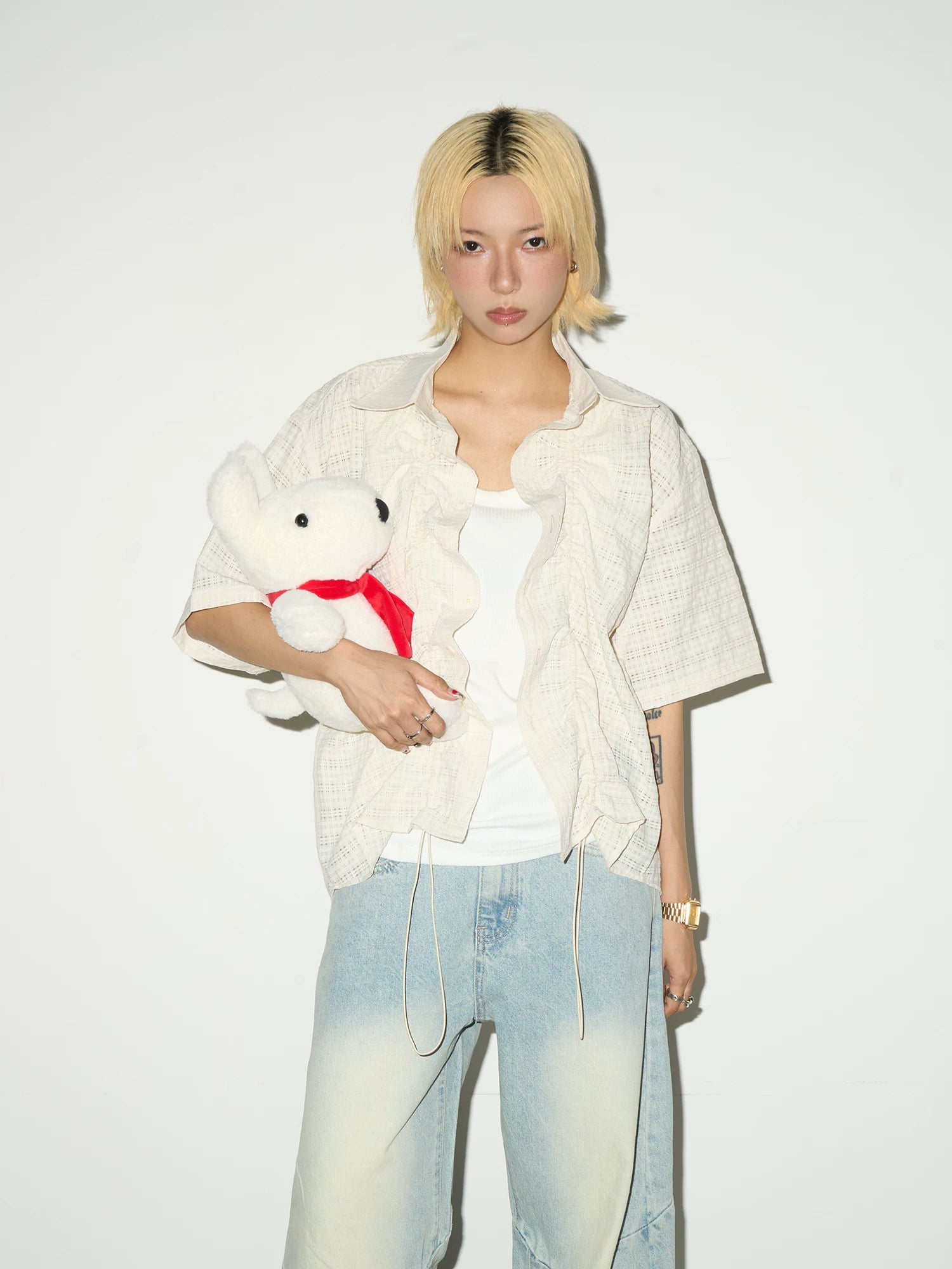 Ruffle Sheer Check Drawstring Hollow Short Sleeve Shirt
