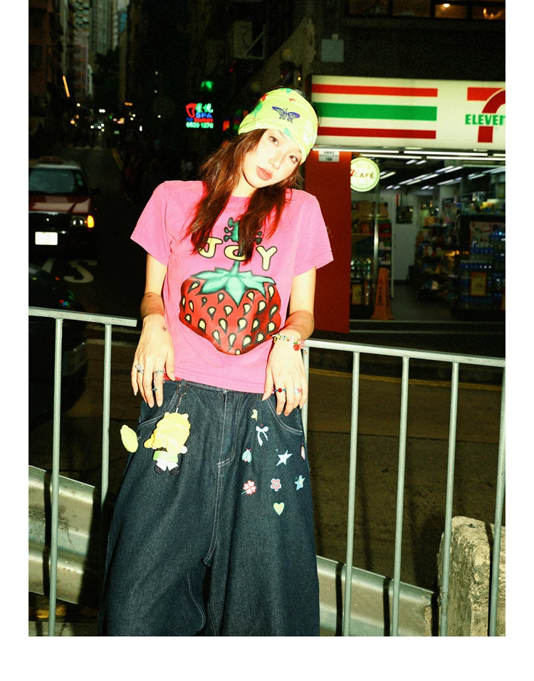 Strawberry Print Cropped Short Sleeve T-Shirt